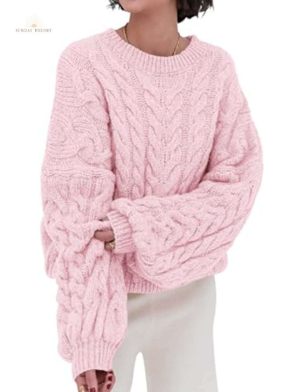 Cable Knit Oversized Pullover Sweater Balloon Sleeve Crewneck